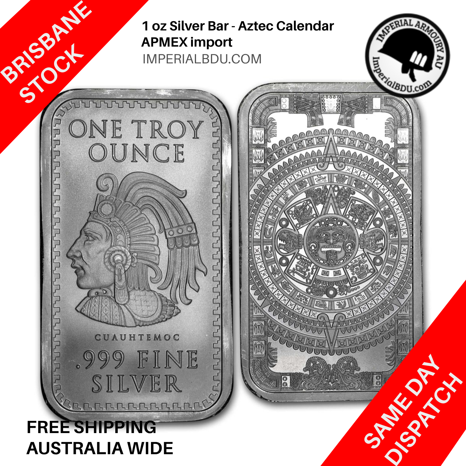 1 oz Silver Bar - Aztec Calendar - 1 oz Silver Bar - 999 fine