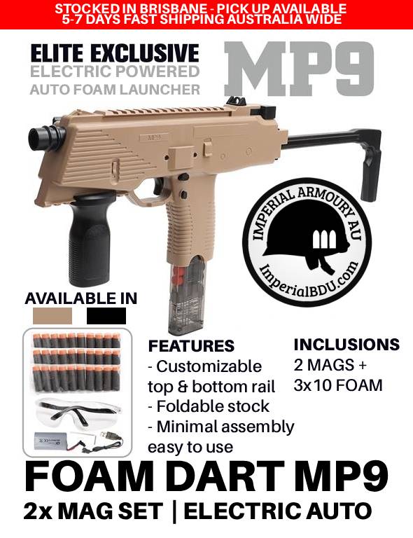 Tan coloured Electric MP9 nerf foam launcher with Imperial Armoury logo on a white background