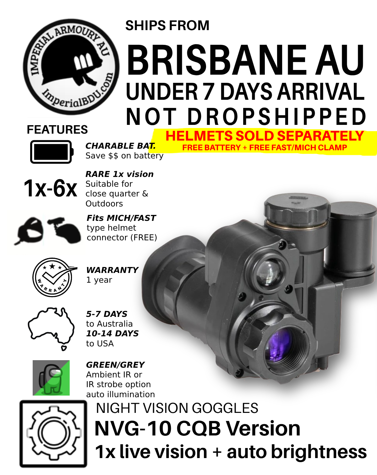 NVG10 NVG30 (CQB Version) 1x to 6x zoom Night Vision Goggles Infrared NVG AUSTRALIA