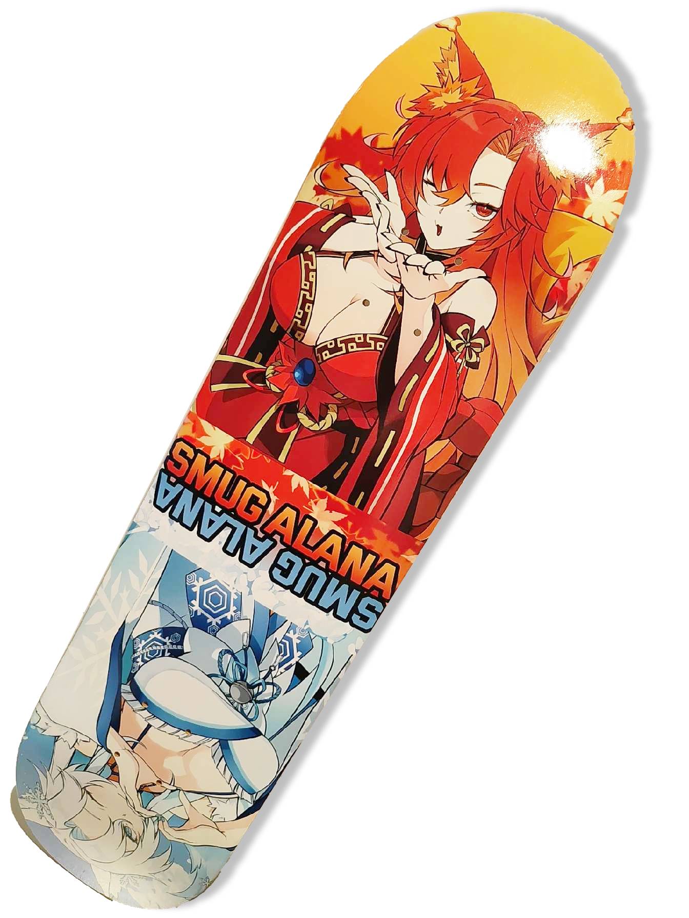 Skateboard deck with anime-style design featuring Smug Alana, a vtuber.