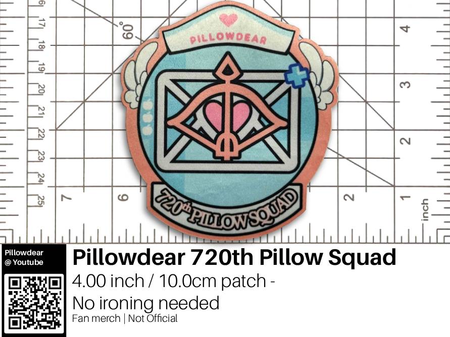 Decorative patch with 'Pillowdear 720th Pillow Squad' design on a ruler background