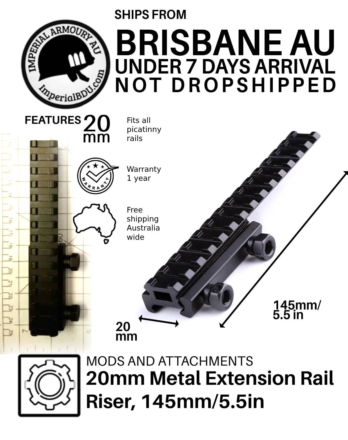 Picatinny Rail Extension / Riser, 145mm BRISBANE AUSTRALIA FREE SHIPPI ...