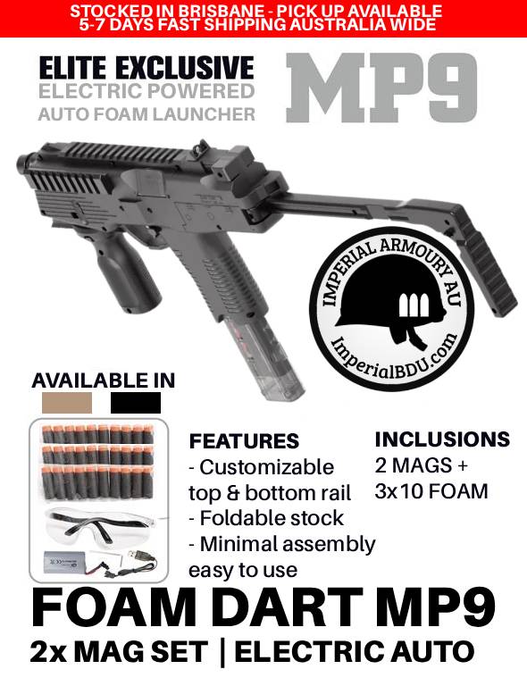 Electric MP9 nerf foam launcher with Imperial Armoury logo on a white background