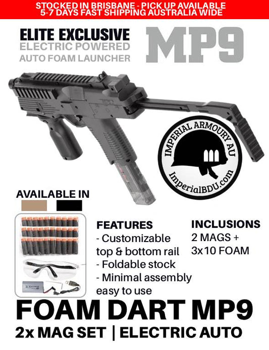 Electric MP9 nerf foam launcher with Imperial Armoury logo on a white background