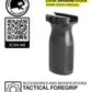 A black RVG Tactical foregrip for rifles and gel blasters, showing the product with a QR code and additional information.