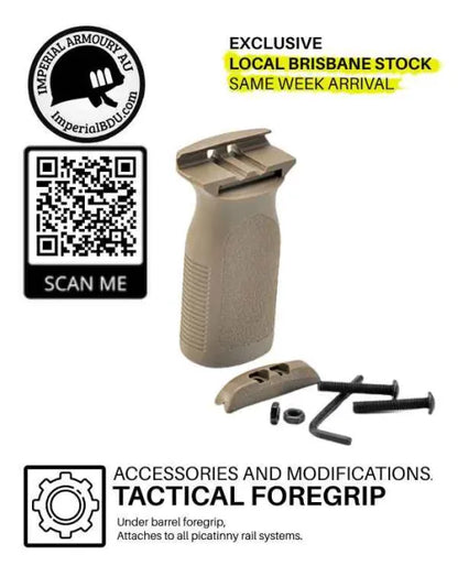 A brown / tan RVG Tactical foregrip for rifles and gel blasters, showing the product with a QR code and additional information.