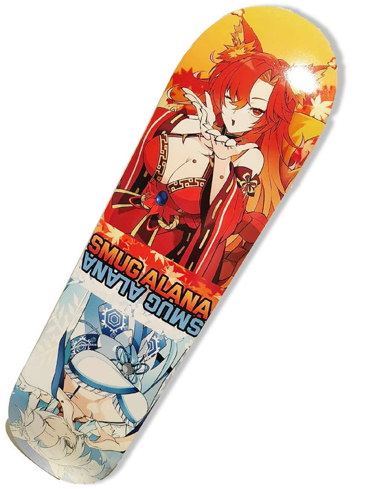Skateboard deck with anime-style design featuring Smug Alana, a vtuber.