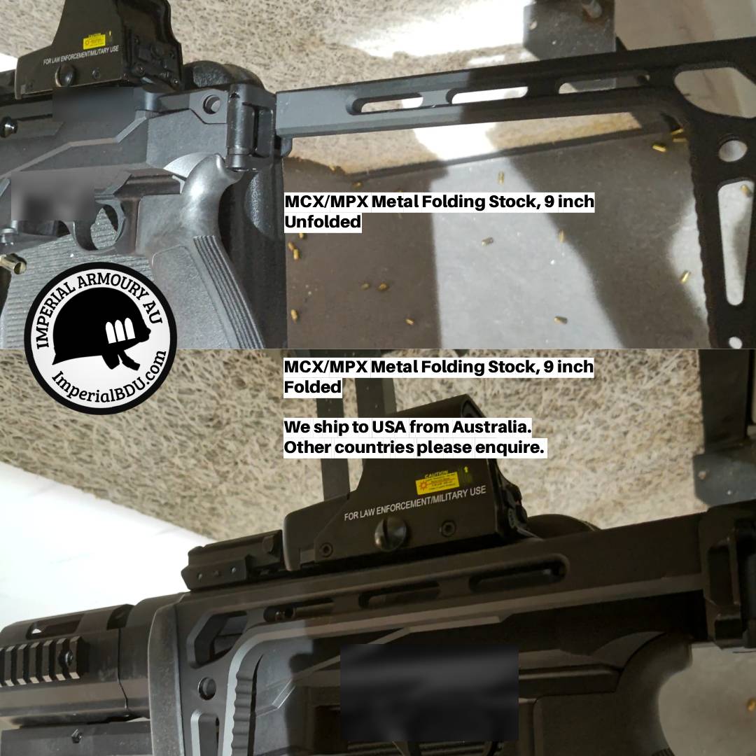 A split-screen view of a black metal folding stock for a rifle, shown both unfolded and folded. The image features text overlays describing the product and a circular logo for Imperial Armoury.