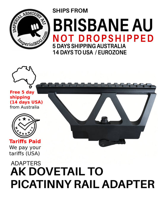 Black metal AK dovetail to Picatinny rail adapter shown on a white promotional graphic with shipping claims, a map of Australia, and text reading 'Ships from Brisbane AU' and 'Not Dropshipped.'.