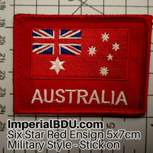 Embroidered patch with Australian flag and 'AUSTRALIA' text on a red background, size 5x7cm, military style, stick-on.