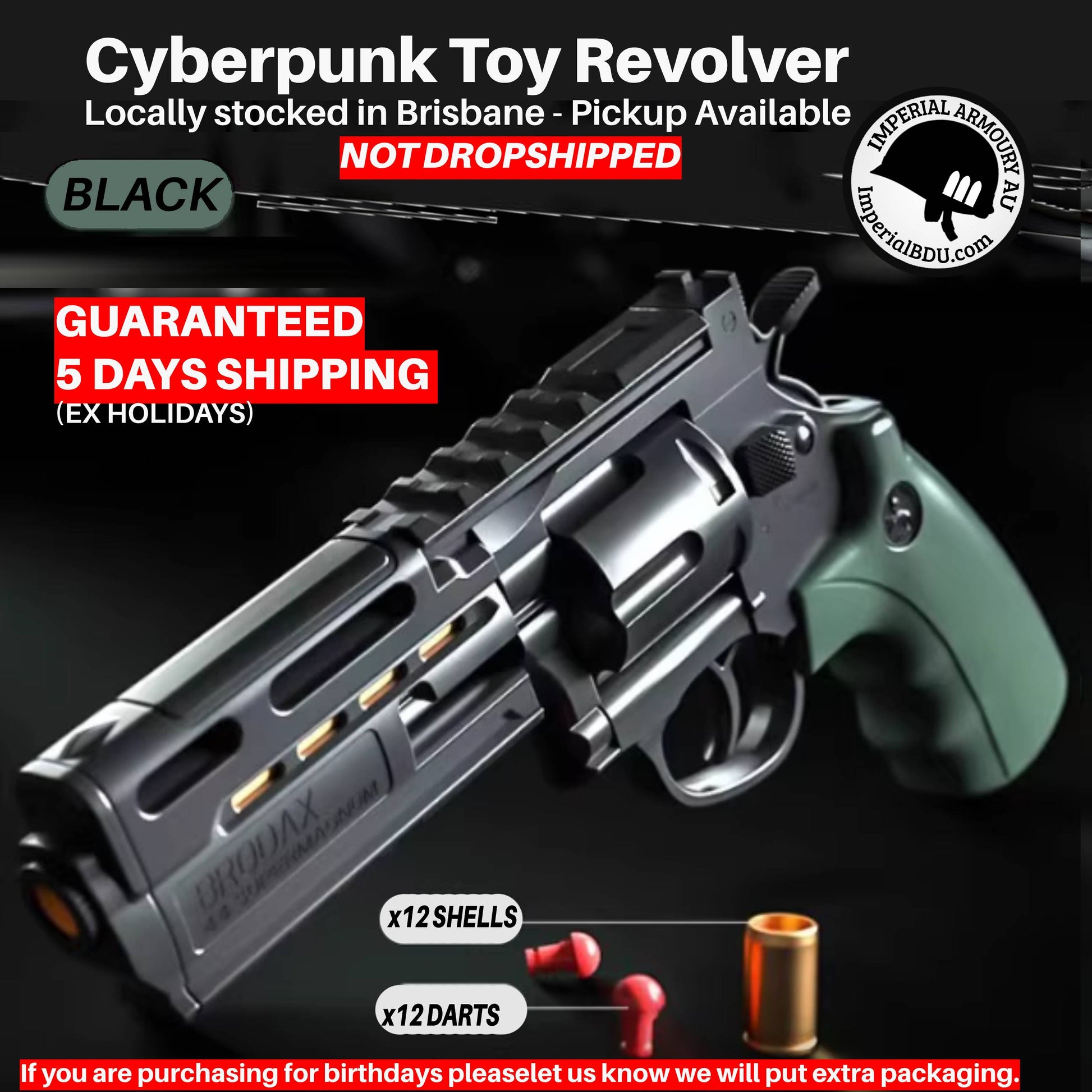 Cyberpunk toy revolver with black and green design on a dark brodax revolver toy background Australia