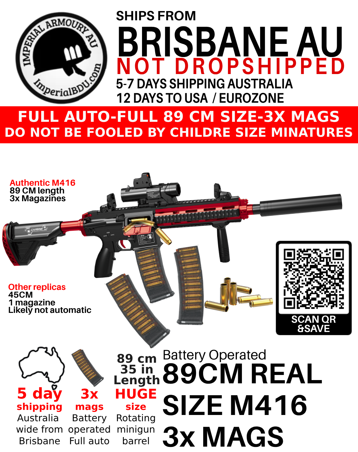 M Rifle Toy M416 rifle toy with 3x magazines - 89CM real size, full auto Australia ...