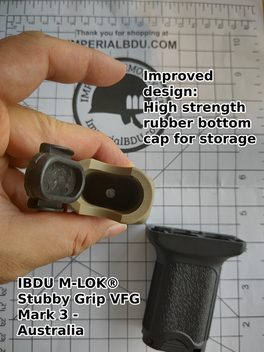 A hand holding a black IBDU M-LOK Stubby Grip VFG Mark 3 with a high strength rubber bottom cap, placed on a table with various items.