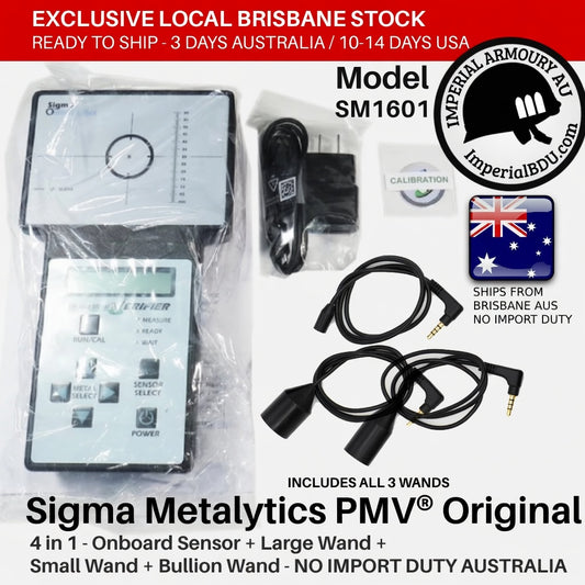 Sigma Metalytics PMV Original, model SM1601 with digital update function and three wands product with packaging and accessories on a white background.